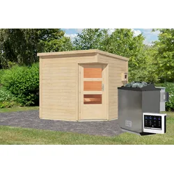 Saunahaus KARIBU "»Pelle« naturbelassen", beige (naturbelassen), Bio-Kombiofen, externe Steuerung, (ohne Ofen), Saunen