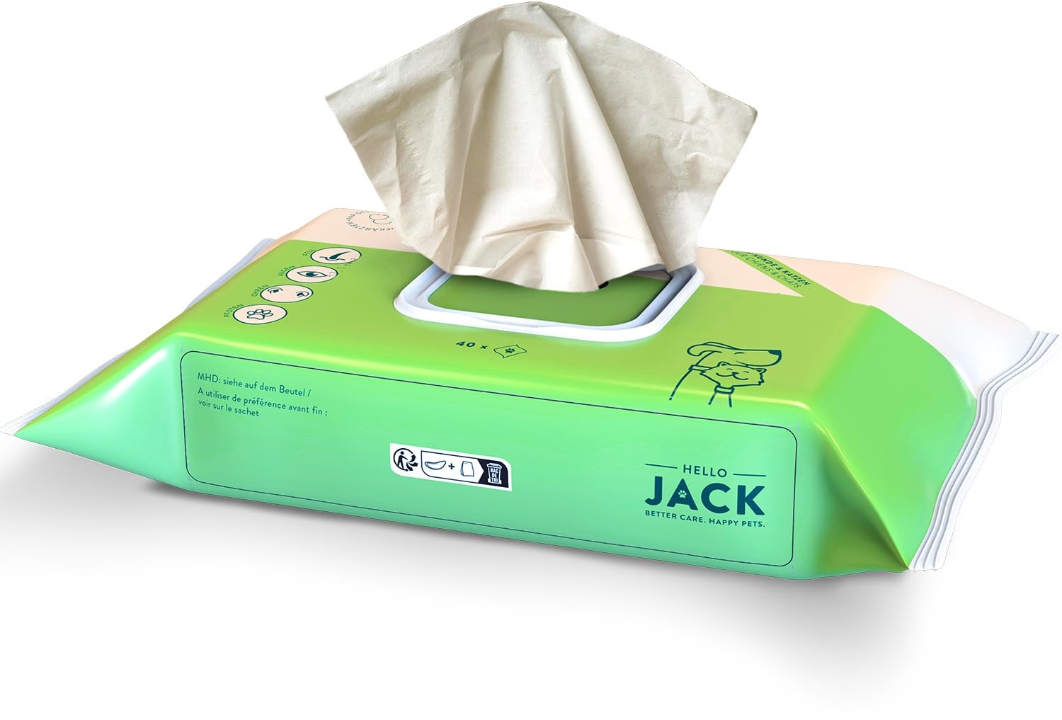 Hello Jack 100% Natürliche Feuchttücher Hund - Sanfte Pflege mit Aloe Vera - Pflegetücher für Hunde & Katzen Hypoallergen - Dog Cleaning Wipes Geruchsneutral für Pfoten, Nasen, Augen und Ohren