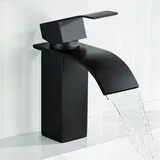 ANYCEE Wasserfall Wasserhahn Bad Schwarz Mit Einhebel, Waschtischarmatur Mit Auslauf Höhe 8,5cm, Badezimmer Mischbatterie Waschbecken, Armatur Mit Warm und Kalt Wasser