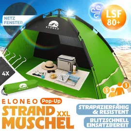 eloneo Pop Up Strandmuschel UV Schutz 80+, Leichter Aufbau und kleines Packmaß inkl. Tragetasche, Sonnenschutz & Windschutz für Babys und Erwachsene, Grün, 220x150x130 cm