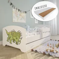 Kids Collective Kinderbett mit Matratze und Schublade, Rausfallschutz & Lattenrost weiß mit Dinosaurier Motiv II Komplettbett Jugendbett Einzelbett Holz