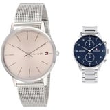 Tommy Hilfiger Analog Quarzuhr für Damen mit Silbernes Edelstahl-Mesh-Gliederarmband - 1782244 & Multi Zifferblatt Quarz Uhr für Herren mit Silbernes Edelstahlarmband - 1791575