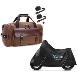 Set: Hecktasche passend für Vespa GTS 300 Craftride RT3 inkl. Spanngurte braun + Motorrad Abdeckplane Vespa GTS 300 / GTS 250 / GTS 125 Tourtecs L schwarz