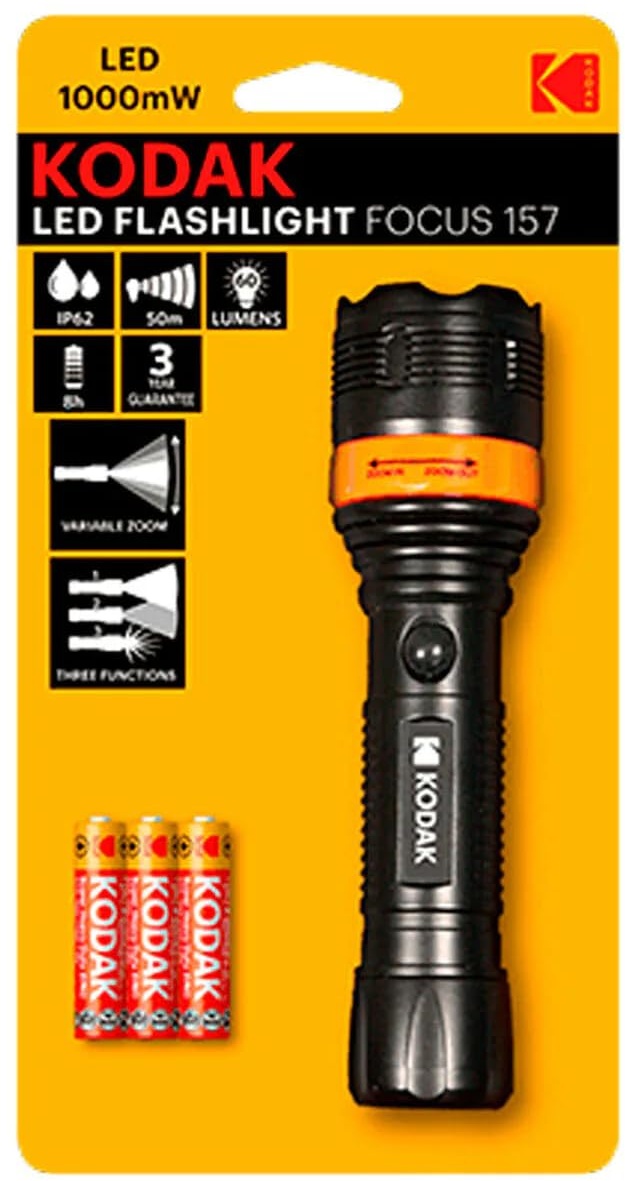 KODAK Lampe torche LED Focus 157 Flashlight 1000mW + 3 Piles LR03/AAA HD - Noir