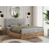 MKS Meble Boxspringbett 180x200 mit Bettkasten Eiche, Polsterbett 180x200 mit Matratze H3, Bett 180x200 mit Kopfteil, Bett mit Holzrahmen in Wotan ... - Hellgrau