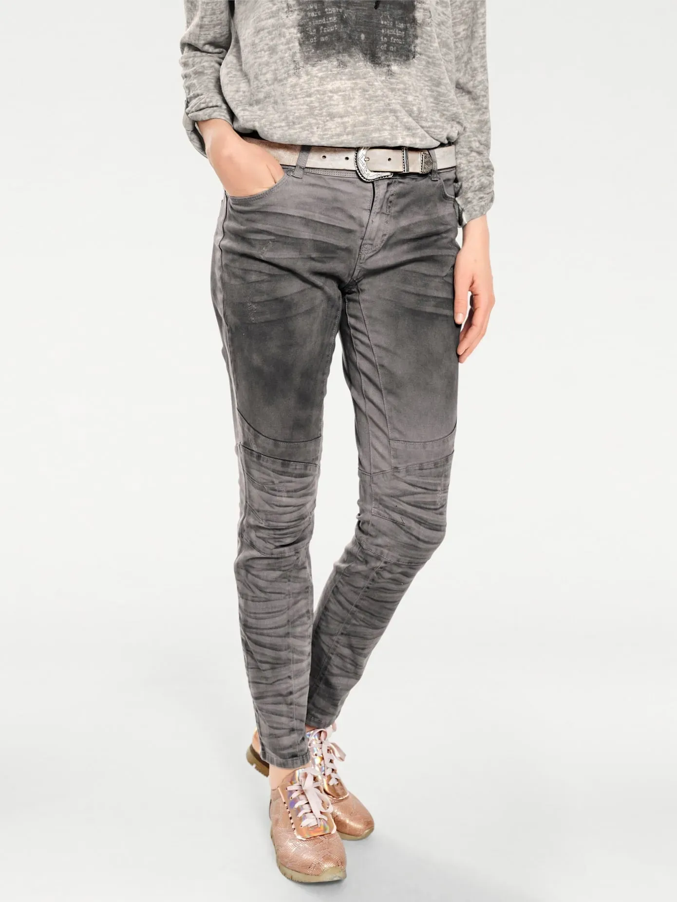 Boyfriend-Hose HEINE, Damen, Gr. 23, Kurzgrößen, grau, 98% Baumwolle, 2% Elasthan, unifarben, lang, Hosen 5-Pocket-Hose