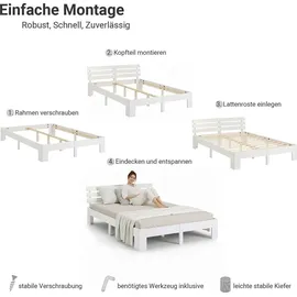 Homestyle4u Holzbett 180 x 200 cm mit Lattenrost Weiss Kiefer Massivholz - Weiß