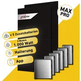 Balkonstrom Balkonkraftwerk MAX Pro 1000 Watt Solaranlage mit Speicher Komplettset Bifazial, 1000 W, Monokristallin, (2x Sunpro Solarmodul á 500 Watt, 1xSunEnergyXT 500 Pro Solarspeicher, 1-5 Zusatzspeicher B500), Halterung für Dach, Fassade, Balkon & Garten, App & Plug&Play DE schwarz