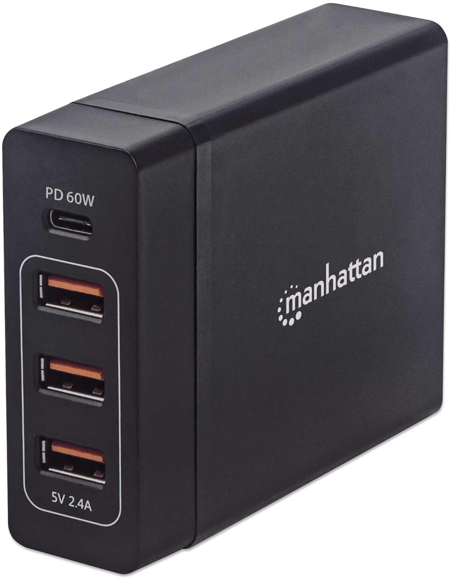 Manhattan 102124 Power Delivery Ladestation – 72 W Ladegerät mit einem USB-C Power Delivery-Port mit bis zu 60 W, DREI USB-A-Ladeports mit bis zu 12 W/ 2, 4 A, Schwarz