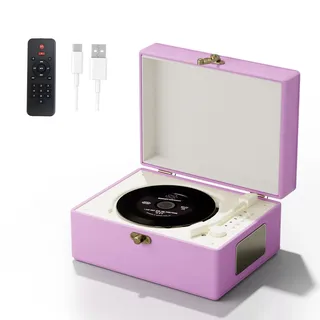 Tragbarer CD-Player mit Leder-Gehäuse, Fernbedienung, Ladefunktion, Violett