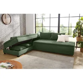 luma-home Ecksofa-Dauerschläfer, Doppelbett 306/223/95 cm Boxspring Federkern Ecksofa 306x223 Dauerschläfer, Bettkasten, Nachtkonsole, Schwenkteil beidseitig montierbar, Cord Grün / 15164