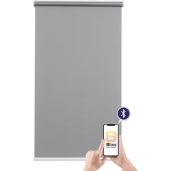 Elektrisches Rollo SUNLINES "Mosaik", grau (grau, weiß), B:90cm H:180cm, Polyester, Metall, Kunststoff, Rollos, appgesteuert via Bluetooth, mit Akku und Motor, weißer Fallstab