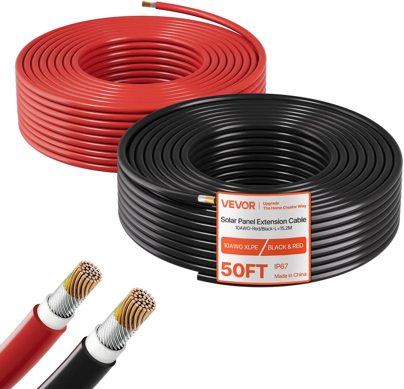VEVOR Solarkabelverlängerung, 15,2 m Schwarz & 15,2 m Rot, 10 AWG Solarverlängerungskabel, Verzinntes Kupferkabel für Netzunabhängige Photovoltaikanlagen an Haus, Fahrzeugen, RV, Booten, IP67