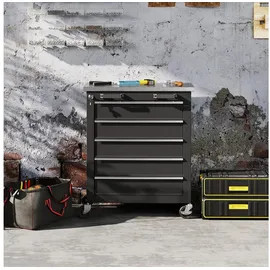 Homcom Werkstattwagen mit 5 Schubladen, Werkzeugwagen leer abschließbar inkl. Arbeitsplatte aus Edelstahl, 2 Schlüssel & Eva-Matten Werkzeugschrank mit Rollen, Bremsen Schwarz