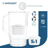 Wessper 2,8 l Wasserfilterkrug mit LED-Zähler Kompatibel mit Brita Maxtra | Set aus 6 Wasserfilterkrug + Wasserfilterkartusche - Weiß - Weiß