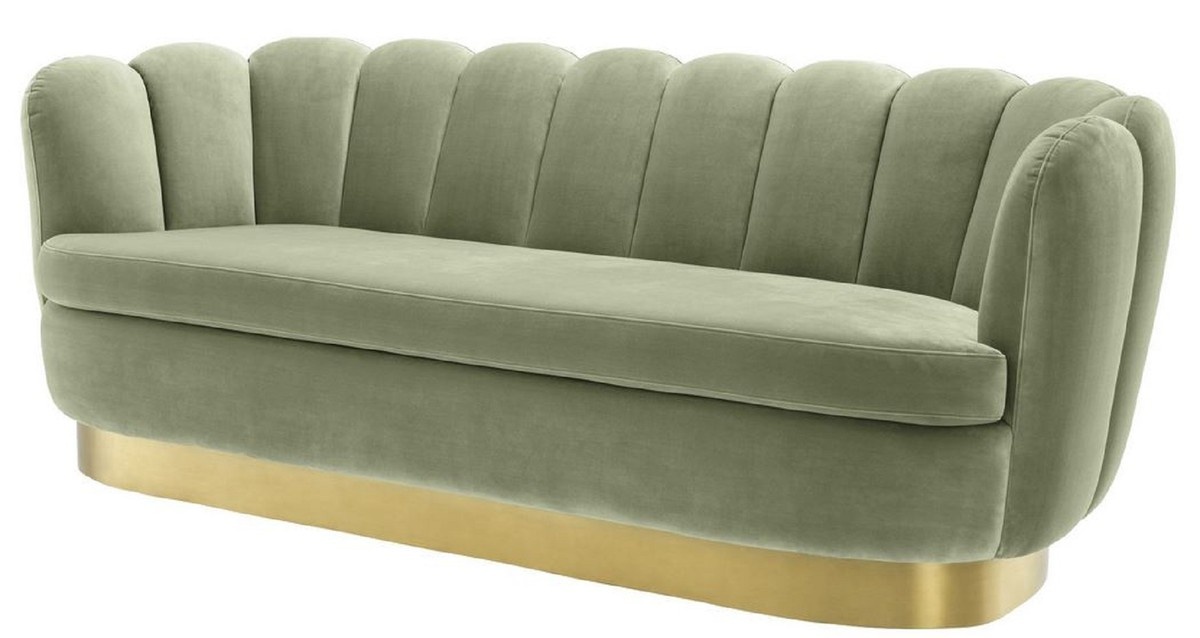 Casa Padrino Luxus Samt Sofa Pistaziengrün / Messingfarben 225 x 90 x H. 80 cm - Wohnzimmer Sofa - Luxus Qualität