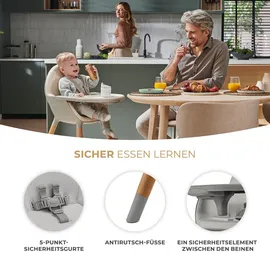 Kinderkraft Hochstuhl FINI2 2 in 1, Kinderhochstuhl, Babystuhl, Kombihochstuhl, Beine aus Holz, Sicherheitsgurte, Fußstütze, Doppeltablett, ab 6 Monate bis 5 Jahre, 5 Punkt Gurte, Grau