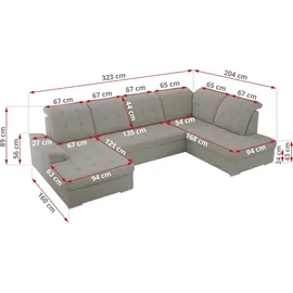 MKS Meble Ecksofa Wohnlandschaft U-Form, Sofa mit Schlaffunktion, Schlafsofa mit bettkasten, Couch mit Schlaffunktion - Hellgrau Boucle - Madrito U... - Hellgrau
