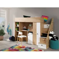 Kinderbett, Hochbett SM 14, mit Schreibtisch, Kleiderschrank und Regale.Treppe beidseitig montierbar. Farbe Artisan/Weiß