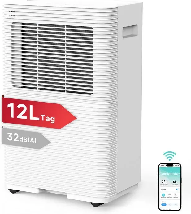 VINO Intelligenter Luftentfeuchter, WLAN-Steuerung, 12 l/d, R290, energiesparend, 1,8 l Wasserbehälter, ideal für 24 m2 Räume