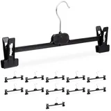 Relaxdays Hosenbügel 12er Set, 2 Klammern, Clipkleiderbügel für Hosen & Röcke, HBT: 15x35,5x2,5 cm, PP & Eisen, schwarz
