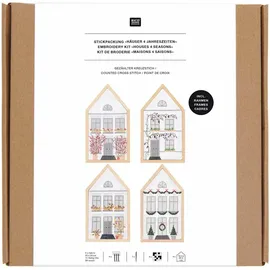 Rico Design Stickpackung Gezählter Kreuzstich, Häuser 4 Jahreszeiten, medium, inkl. 4 x Dekostickrahmen Haus M