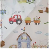 Stoff Gardinenstoff Leinenoptik Bauernhof Traktor Tiere bunt