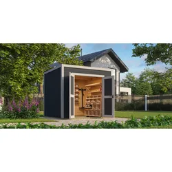 Gartenhaus NORDIC HOLZ "Fynn 2", grau (carbongrau), ohne Fußboden, Massivholzdach, Holz, Gartenhäuser, kleiner stilvoller Schuppen mit Flachdach