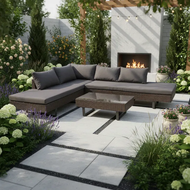 My Flair Premium 3-teiliges großes Garten-Sofa-Set mit Couchtisch und grauen Sitzkissen, UV-beständig, hochwertige Materialien, pflegeleichte Kissen, Couchtisch aus gehärtetem Glas