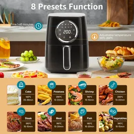 Aigostar Fritteuse heissluft ohne fett, Heißuftfritteuse xxl BPA-frei 4.2L, 8 Menü und Rezept-Community, LED-Touchscreen, 1400W