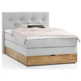 Belanoti Boxspringbett 140x200 mit Bettkasten 7-Zonen Taschenfederkern Matratze inklusive Visco Topper Bett 140x200 Eiche Farbe Weissgrau H2/H3 Polsterbett mit Massivholz Eiche