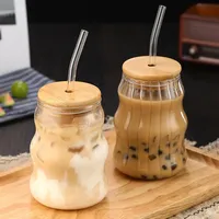 Neegaurd 530ml Bubble Gläser 2er Set, Kreative Gerippte Trinkgläser mit Bambusdeckel und Strohhalm, Gerippt Latte Macchiato Cappuccino Gläser Kaffeegläser Kaffeeglas Set, Cocktailgläser