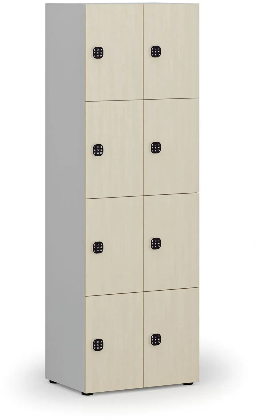 Holzspind S4 mit Ablagefächern, 8 Fächer, zerlegt, Codeschloss, grau/Birke