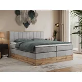 MKS Meble King Boxspringbett 180x200 mit Bettkasten Eiche, Polsterbett 180x200 mit Matratze H3, Bett 180x200 mit Rahmen in Wotan Eiche und Kopfteil... - Hellgrau