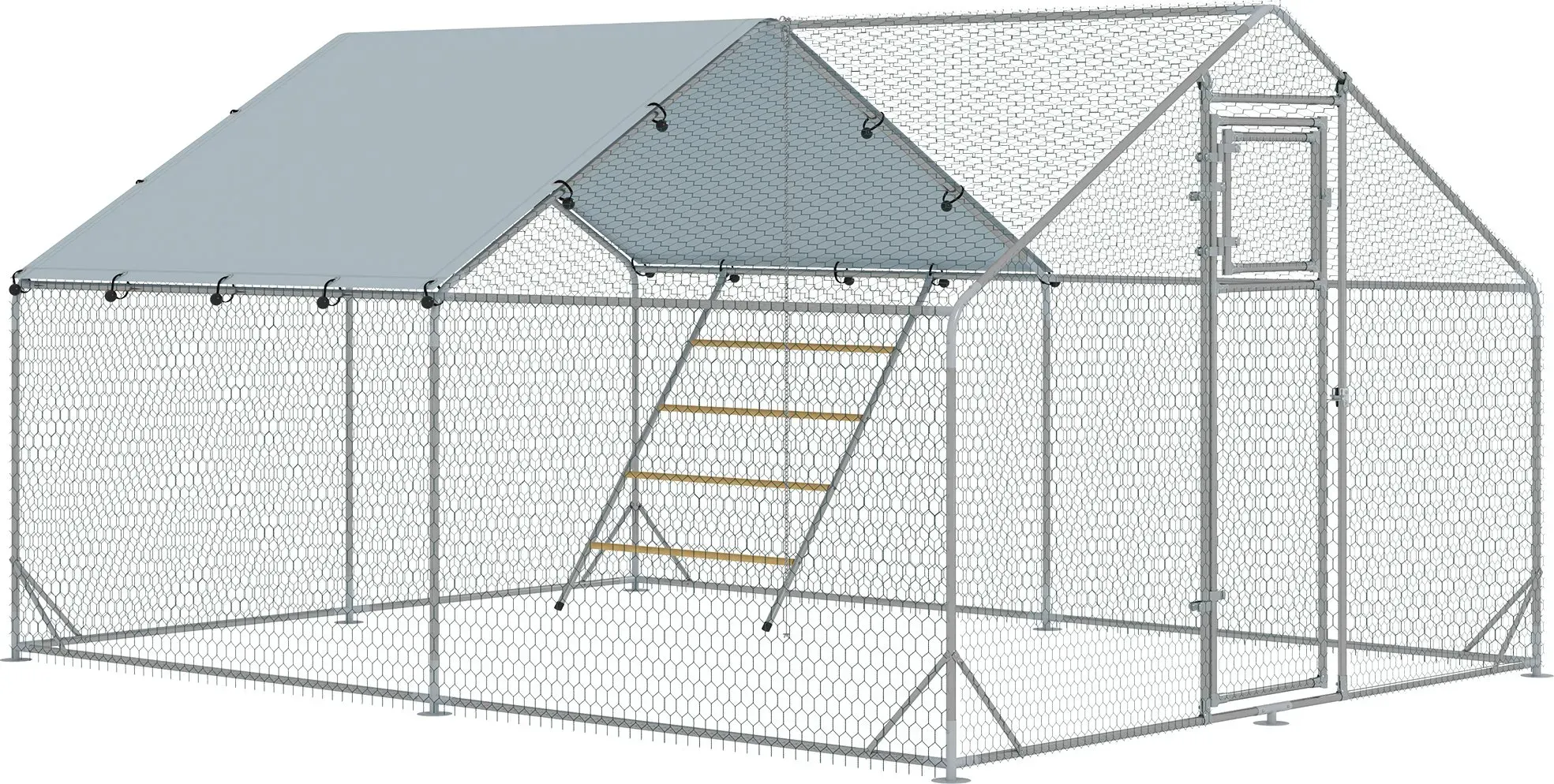 PawHut Hühnerstall Freilaufgehege aus Stahl, 300 x 400 x 195 cm Hühnerkäfig mit UV-beständiger Abdeckung, Futtertür, Hängefütterung, Sitzstange, Hühnergehege für 12-18 Hühner, Kleintiere, Silber   Aosom