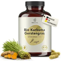BIONUTRA© Bio Kurkuma Kapseln mit Gerstengras, 270 Stück à 700 mg hochdosiert, vegan & ohne Zusätze, Rückstandskontrolliert, Deutsche Herstellung aus Kurkuma Bio und Gerstengras Bio Pulver