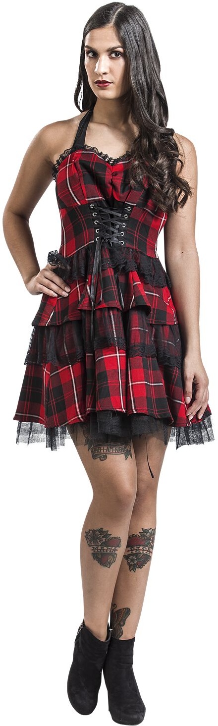 H&R London - Rockabilly Kurzes Kleid - Red Tartan Gothic Dress - XS bis XXL - für Damen - Größe M - schwarz/rot - M