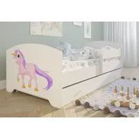 Kids Collective Kinderbett 80x160 cm mit Matratze und Schublade, Rausfallschutz & Lattenrost mit Einhorn Motiv Komplettbett Jugendbett Einzelbett Holz - Weiß