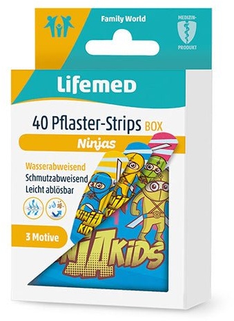 Lifemed Pflaster-Strips 6 cm x 1,7 cm farbig "Ninjas" 40 Stück 48 Packungen à 40 Stück = 1920 Stück