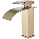Wasserhahn Bad Wasserfall, Hevenaov Waschtischarmatur Wasserfall gebürstetes Gold, Einhandmischer Armatur Waschbecken,Heiß und Kalt einstellbar,Wasserhahn Bad Wassersparend Messing