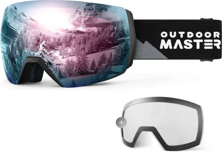 OutdoorMaster ULTRA Skifahrerbrillen-Set mit zusätzlicher Linse für Damen & Herren – Grauer Rahmen, graue Linse mit Revo Pink + klare Linse