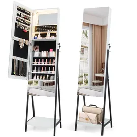 Costway Schmuckschrank mit Spiegel, Spiegelschrank abschließbar mit 3 farbigen Led Beleuchten, Schubladen - Ablage, Schmuck Organizer freistehend für Schlafzimmer, Wohnzimmer (Weiß)