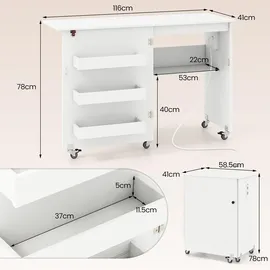 Costway 2 in 1 Nähtisch klappbar mit Ladestation, Nähmaschinenschrank Weiß