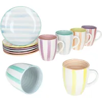Mambocat Beach Pastello Stripes 12tlg Frühstücksset Steingut 6Pers Teller