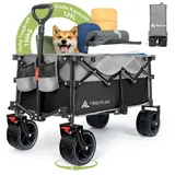 HIKENTURE Bollerwagen Faltbar 135L, Faltbarer Bollerwagen 150KG Belastbar, Transportwagen Klappbar mit Breiten Reifen, Klappbarer Handwagen mit Bremen, Faltbollerwagen Einkaufstrolley Schwarzgrau