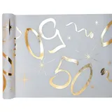 SANTEX Tischläufer Weiß-Gold 50 Jahre 30 cm x 5 m Dekostoff Banner Tischdecke Tischband