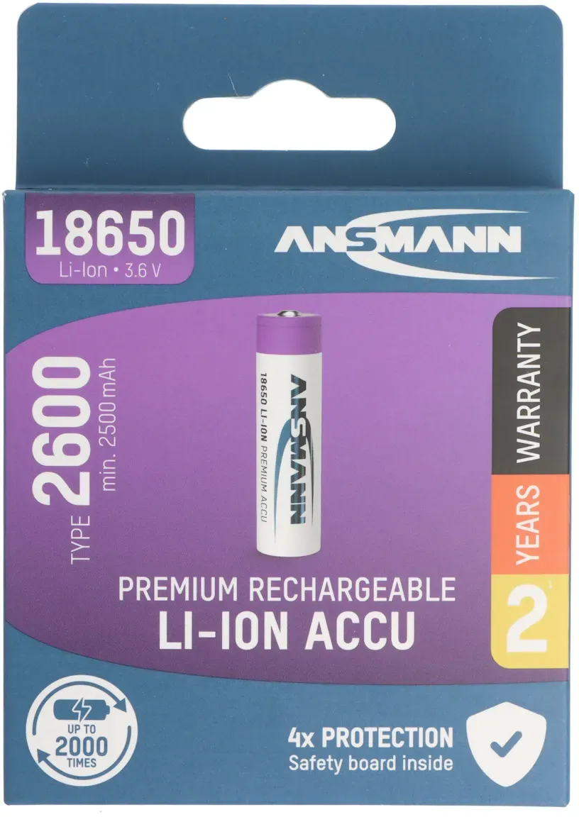 Ansmann Li-Ion Akku 18650 Lithium-Ionen Akku 3,6 Volt 2600mAh, 9.36Wh, 69,8x18mm,5geschützter Akku durch Sicherheitsbeschaltung