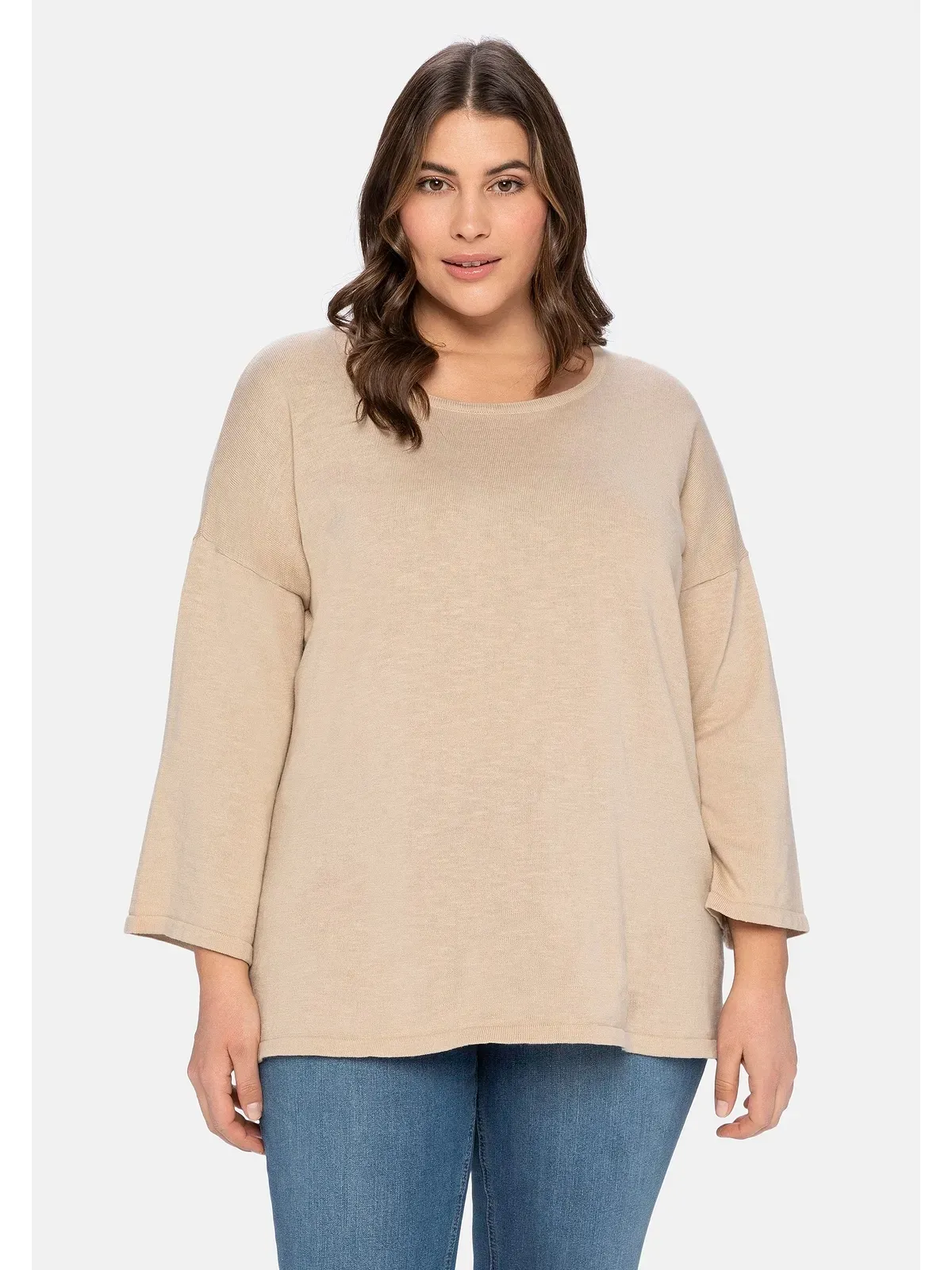 Rundhalspullover SHEEGO "Große Größen", Damen, Gr. 56/58, beige (beigefarben), Feinstrick, Obermaterial: 100% Baumwolle, unifarben, casual, figurumspielend normal, Rundhals, Langarm, Pullover, mit überschnittenen Schultern