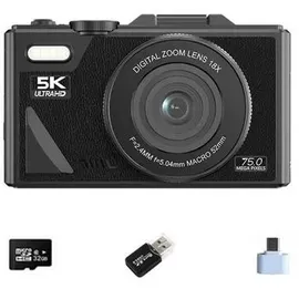 INF 5K Digitalkamera - 75MP, WLAN, Klappbildschirm, mit 64GB Karte, Typ-C Adapter & USB-Lesegerät