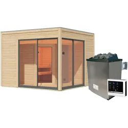 Saunahaus KARIBU "Tammo 3A", beige (naturbelassen), Saunaofen, externe Steuerung, 9 kW, Saunen, Ofen 9 kW ext. Strg.
